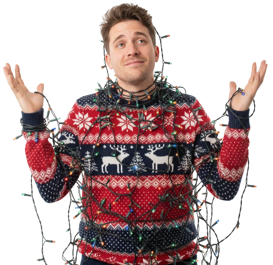 A man tangled in a string of Christmas lights, frustrated with putting them up himself
