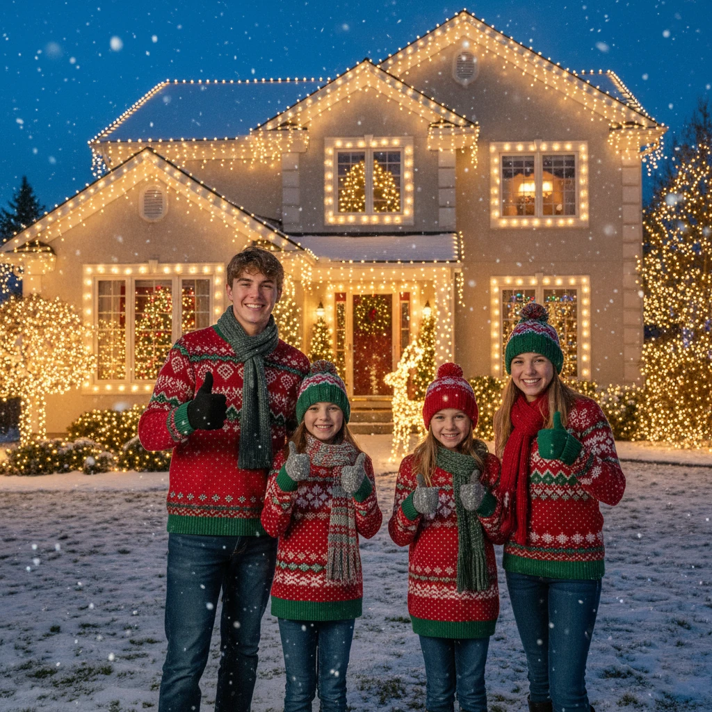 A family in holiday sweaters smiling in front of their brightly lit home